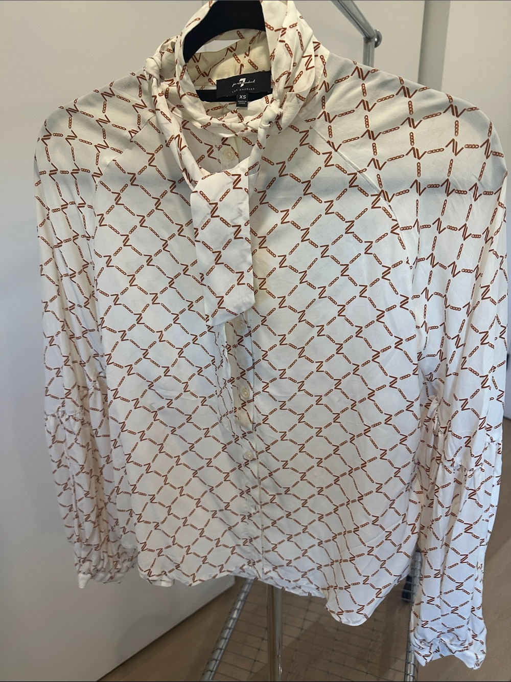 Equipment Cream Blouse with Brown Chain-Print and Neck Tie
